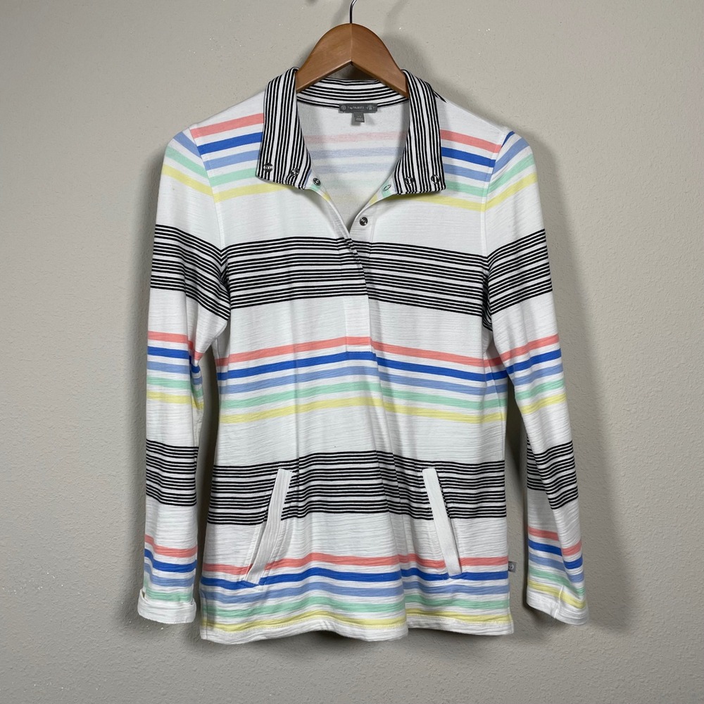 T by Talbots Pullover Top Women XS White Multi Stripe Coastal UPF 50 Nautical